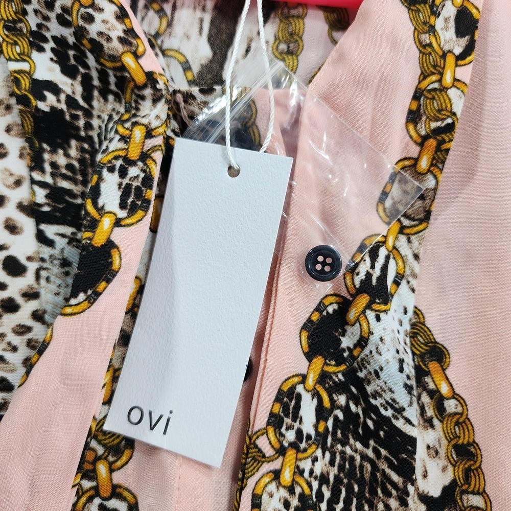 NEW Ovi Top Womens M Pink Animal Chain Print High Neck Flutter Sleeve Office - Picture 7 of 11